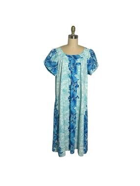 Vintage 90s Hawaiian Muumuu House Dress XL Blue Floral Hibiscus Pocket